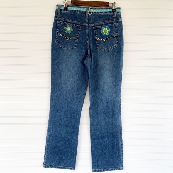Classic Blue Straight Leg Jeans with Floral Embroidery - Picture 2 of 12